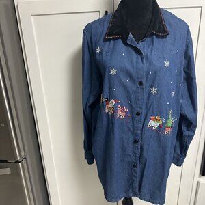 Vintage Bobbie Brooks Women's Denim Christmas Blouse Size 22 W 24 W Embroidered